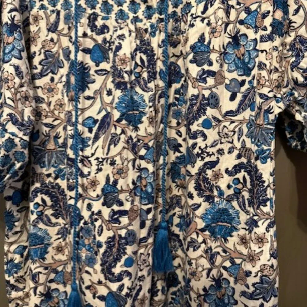 Retro Puff Sleeve Blue Bohemian Floral Tassel Tie Dress - Picture 12 of 16